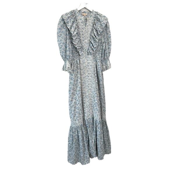 byTiMo Blue Floral Cotton Slub Maxi Dress with Ruffle Trim Size Medium - Picture 11 of 13
